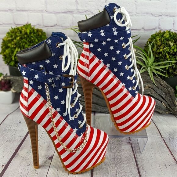 NWOT - AMI Clubwear Patriotic Stars & Stripes Stiletto Platform Booties - Picture 1 of 15